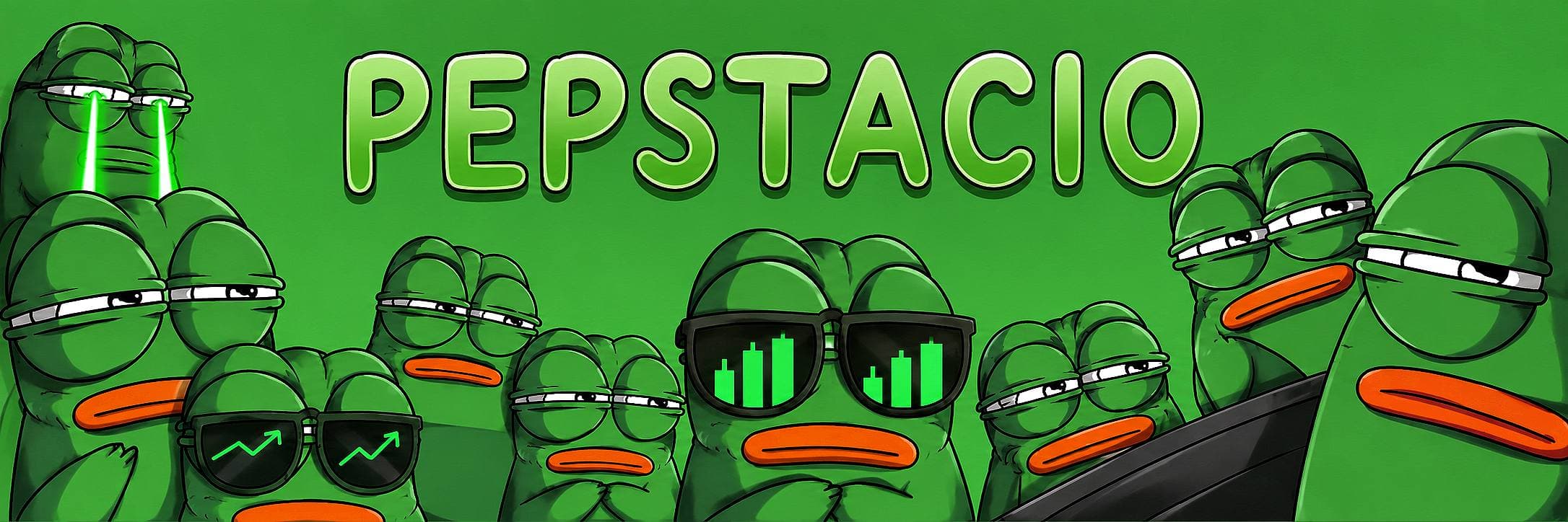 A crowd of Pepstacio frogs beneath the Pepstacio name