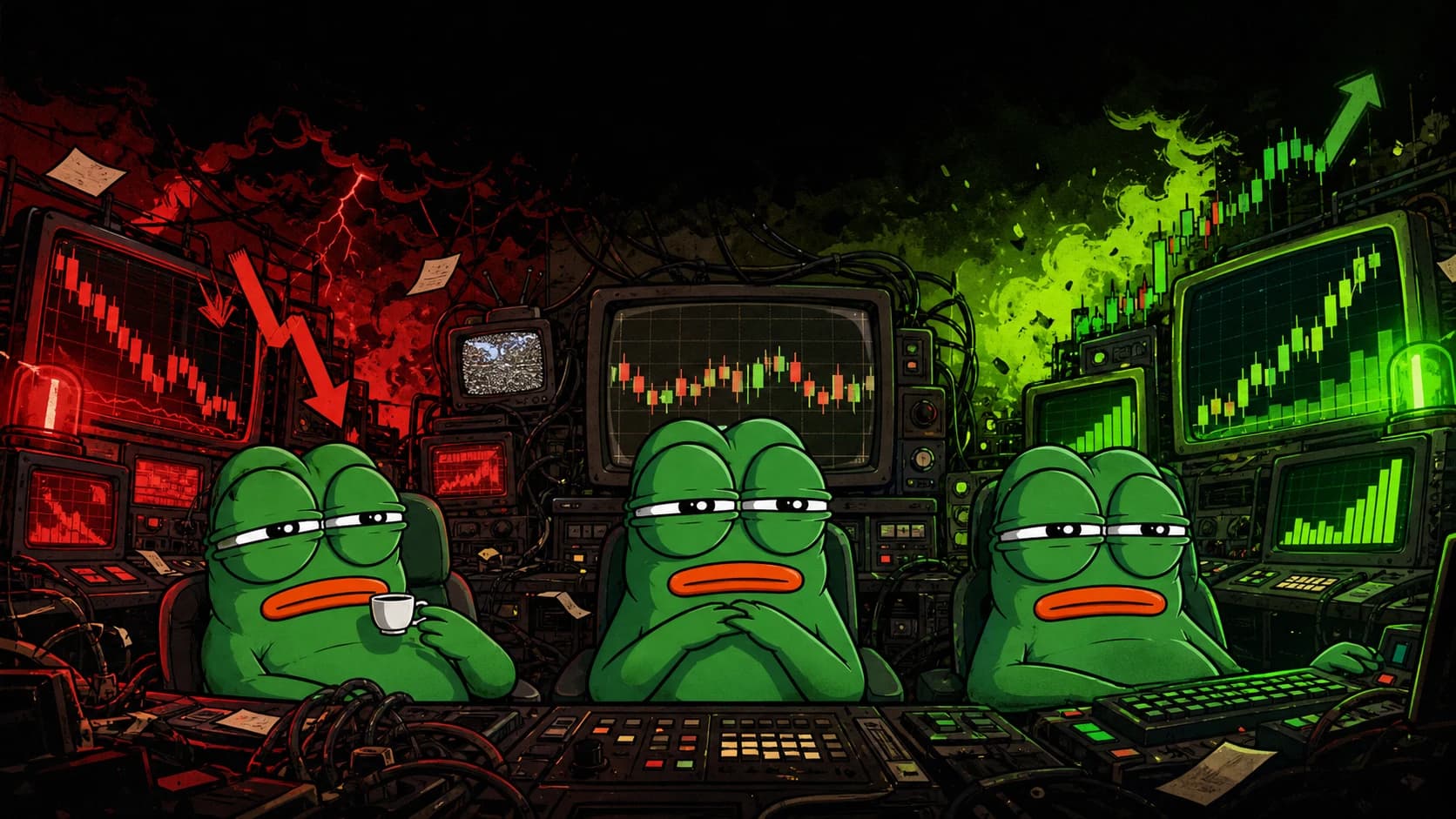 Three calm Pepstacio frogs in a chaotic red and green trading room
