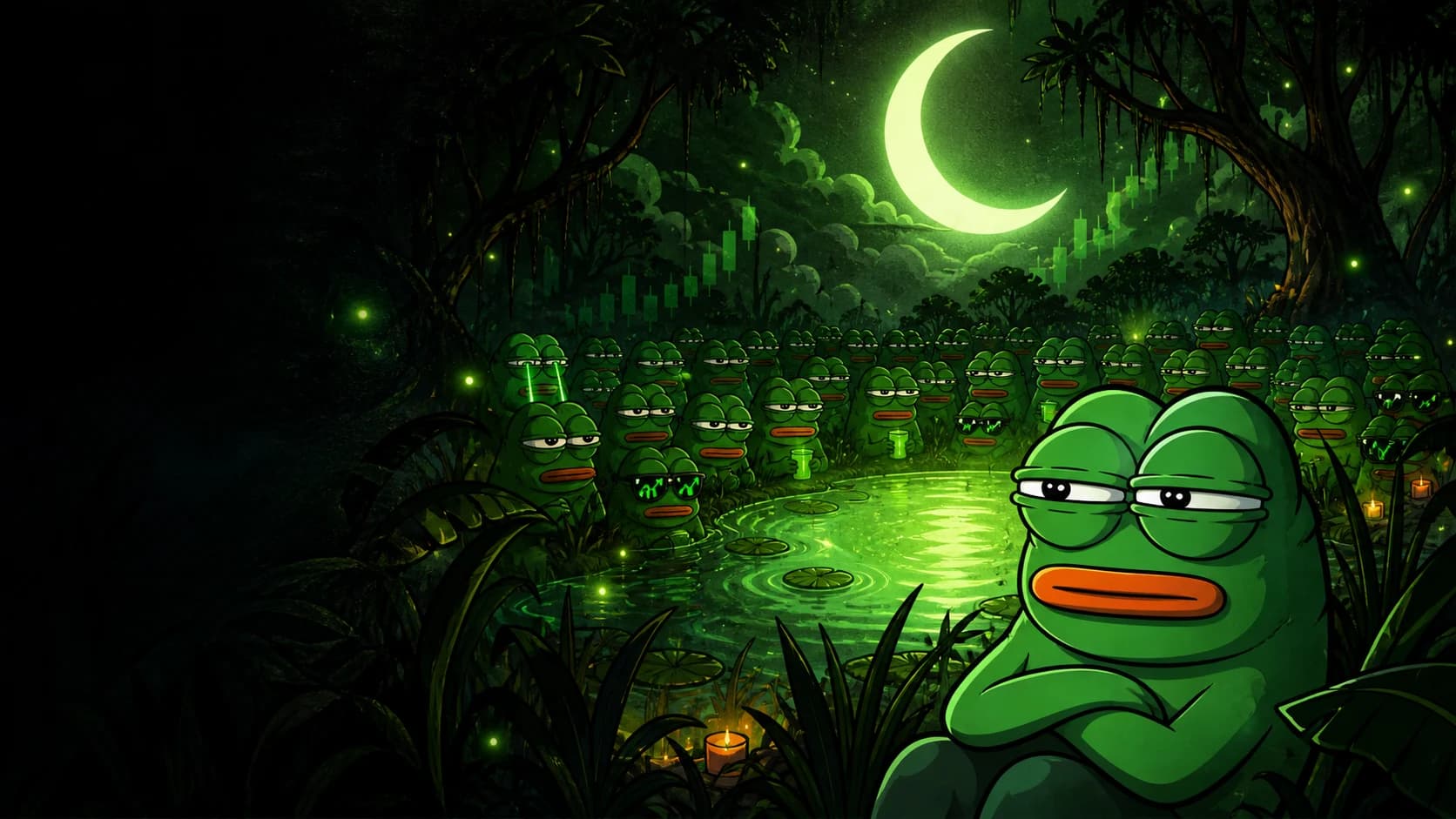 A large community of Pepstacio frogs gathered around a glowing moonlit swamp